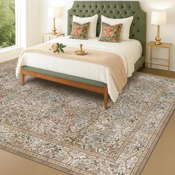Washable Living Room Rug 10x12 - Moss Green Oriental Area Rug for Dining Room Under Table, Low Pile Non-Slip Floor Carpet for Bedroom Under Bed - Vintage Earthy Design & Stain Resistance