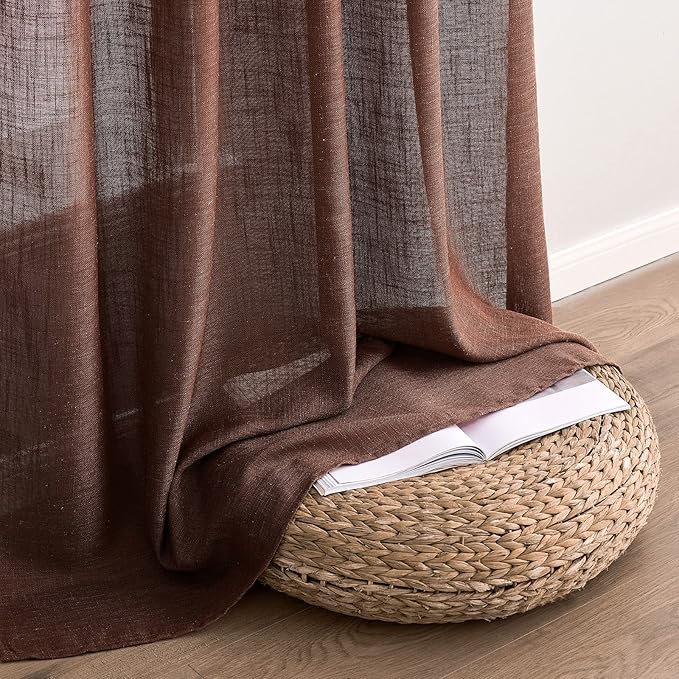 MIULEE Chocolate Brown Linen Curtains 90 Inch Long for Bedroom Living Room, Soft Thick Linen Textured Window Drapes Semi Sheer Light Filtering Back Tab Rod Pocket Burlap Look Decor, 2 Panels