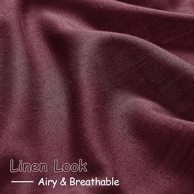 Burgundy Linen Curtains 63 Inches Long 2 Panel Sets for Living Room Bedroom Rod Pocket Back Tab Light Filtering Drape for Kitchen Window Short Protect Privacy Curtain Modern Farmhouse Decor 52x63