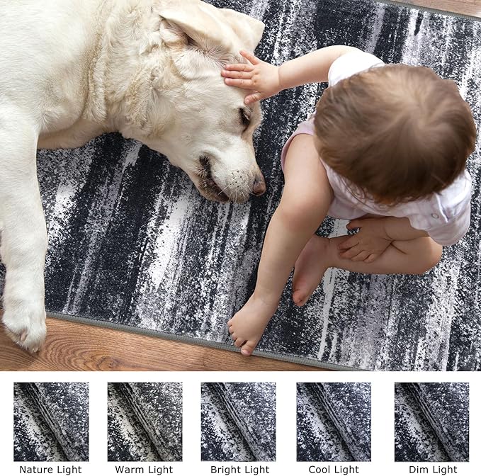 Lansny Modern Abstract Runner Rug 2x6, Black Grey Washable Entryway Runner Non-Slip Soft Hallway Rug Runner Thin Print Faux Wool Carpet for Kitchen Bedroom Laundry Room Indoor