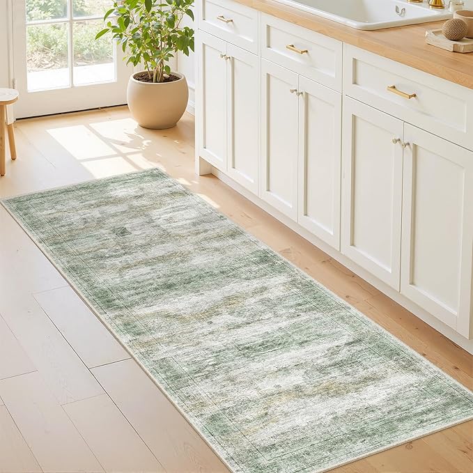Washable Runner Rugs for Bedroom - 2x6 Runner Rug Non Slip, Ultra-Thin Entryway Runner, Soft Abstract Kitchen Runner for Hallway, Laundry, Indoor Door Mat(2'x6', Green/Yellow/Ivory)