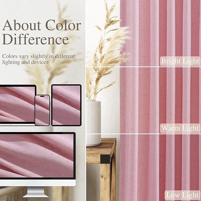 Nanspring Rose Linen Curtains 102 Inches Long 2 Panel Set Back Tab Rod Pocket Semi Sheer Light Filtering Burlap Style Extra Long High Window for Neutral Farmhouse Decor Curtains in Living Room 52x102