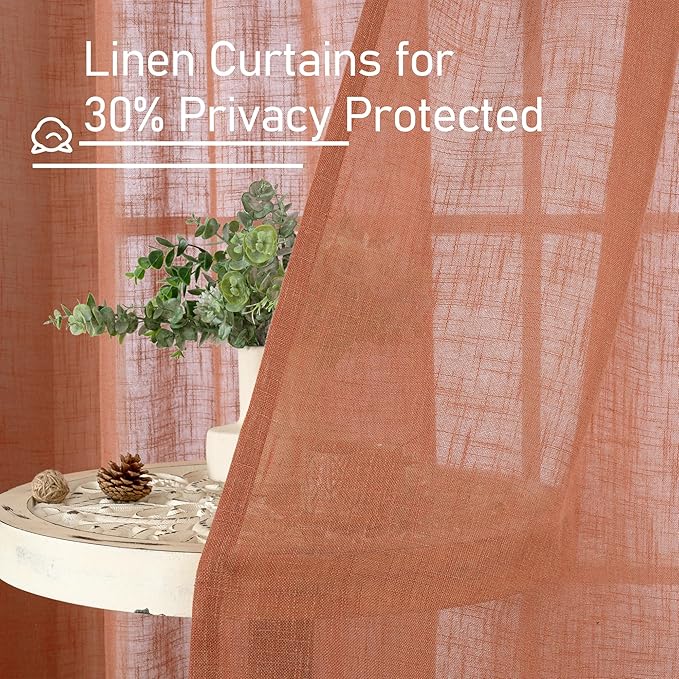 LAMIT Terracotta Linen Boho Curtains 84 inch Length 2 Panels, Light Filtering Burnt Orange Panels Back Tab and Rod Pocket Western Rustic Drapes for Bedroom/Living Room, 52 x 84 Inch