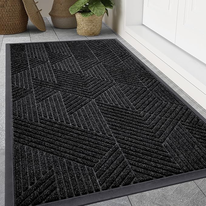 Smiry Front Door Mat Outside Entrance, Heavy Duty Sturdy Natural Rubber Doormat, Trap Dirt and Moisture, Easy Clean Low Profile Welcome Floor Mats for Indoor Outdoor Entry, 59x23 Inch, Black