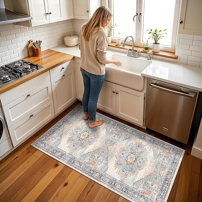 TOPRUUG 2x4 Entryway Runner Rug - Washable Non-Slip Rugs for Kitchen Hallway Soft Ultra-Thin Door Mat Indoor Entrance Stain Resistant Small Throw Carpet for Bathroom (Blue, 2X4)