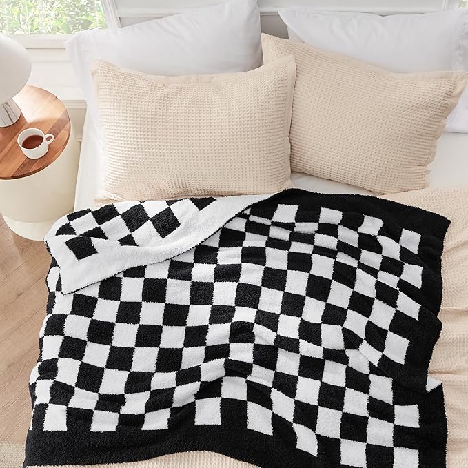 Bedsure GentleSoft Checkered Twin Blanket for Couch - Super Soft Cozy & Warm Knit Throw Blanket, Breathable, Lightweight & Fluffy Plaid Blanket for Bed, Sofa, Gifts for Women Men, Black, 60x80 Inches
