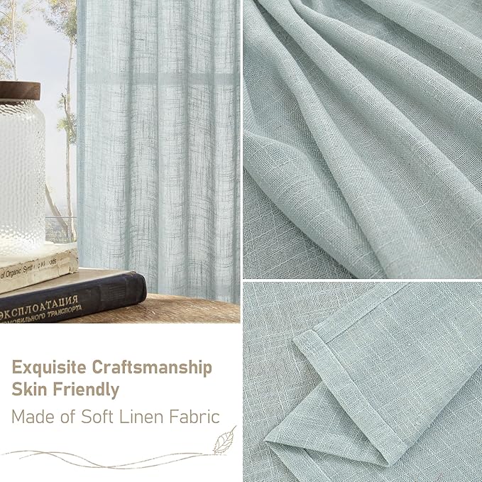LAMIT 54 Inch Semi Sheer Window Linen Curtains, Light Filtering Panels Back Tab and Rod Pocket Neutral Drapes for Bedroom/Living Room, Greyish Blue, 2 Panels, 34 x 54 Inch