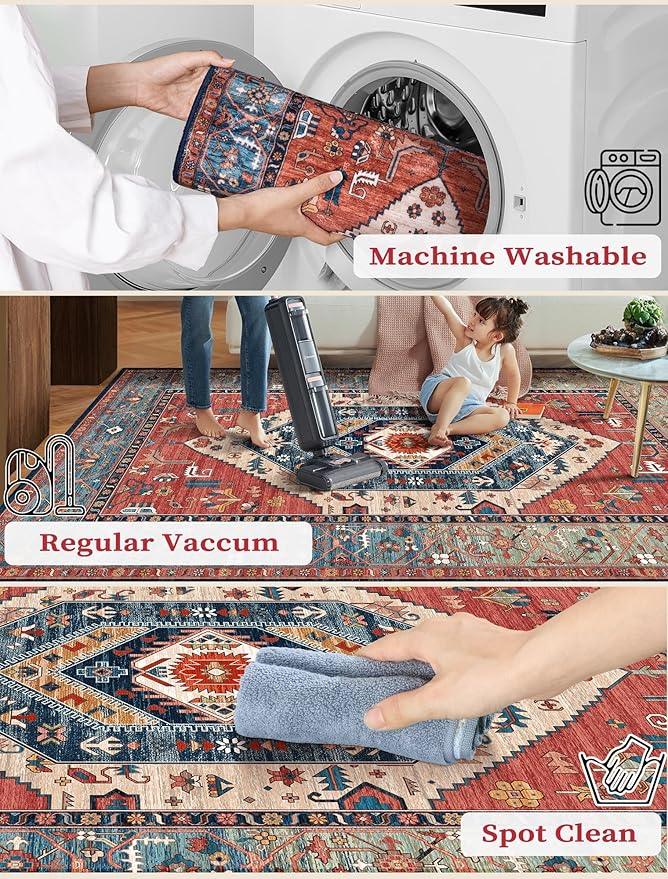 SERISSA Runner Rug for Hallways, 3x14 Washable Non Slip Kitchen Runner Rug, Extra Long Boho Rug Ultra Soft Vintage Rust Print Floor Carpet for Bedroom Hallway Entryway Bathroom Laundry Room