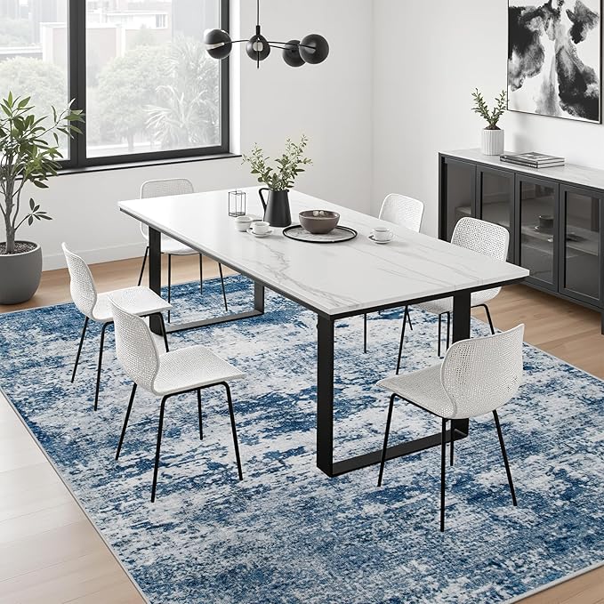 8x10 Area Rug Living Room Rug: Washable Modern Abstract Soft Thin Rug Indoor Floor No Slip Stain Resistant Carpet for Bedroom Dining Room Farmhouse Nursery Home Office - Blue