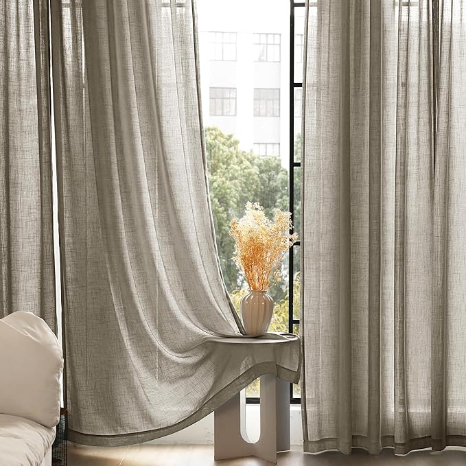 Taupe Linen Curtains 108 inches Long for Living Room Back Tab Rustic Farmhouse Semi Sheer Light Filtering Window Curtain Dining Room Soft Thick Flax Linen Textured Drapes Burlywood Birch Dark Brown