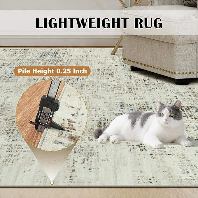 9x12 Area Rugs for Living Room Washable Rug: Anti-Skid Abstract Modern Living Room Rug Soft Thin Carpets Indoor Floor Non-Shedding Carpet for Bedroom Dining Farmhouse Nursery Gray White Blue