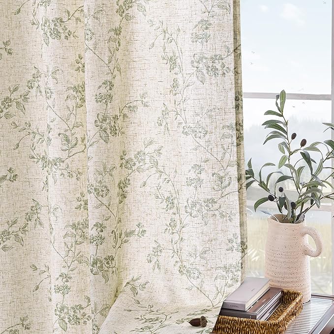 Lazzzy Farmhouse Linen Curtains Green Floral Curtains 96 Inch Length Back Tab Drapes for Living Room Bedroom Light Filtering Country Vintage Rod Pocket Curtain, 2 Panels, Green on Beige