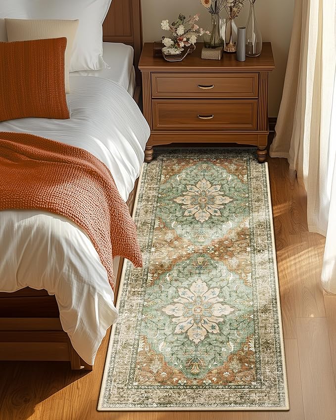 Area Rugs 2'x6' Runner Rug Non Slip Washable for Kitchen Hallway Bedroom Beside Laundry Room Bathroom Rug, Floor Carpet, Brick Red Rust Neutral Brown Burnt Orange Green