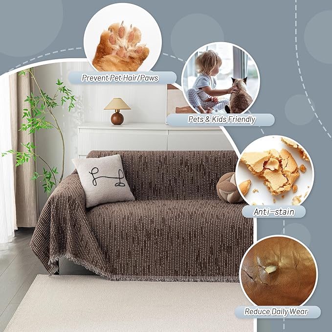 MYSKY HOME Boho Couch Cover Deep Chocolate Sofa Covers with Tassel Farmhouse Sofa Slipcover Simple Couch Protector for Dogs Chenille Sectional Couch Covers L Shaped Couch Cushion Covers, 71"x 134"