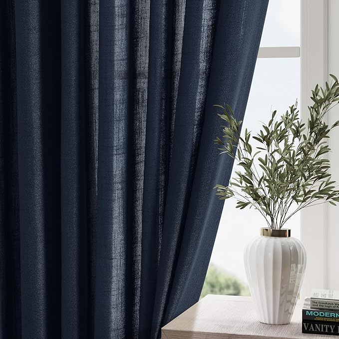 Linen Navy Blue Curtains 108 inch Extra Long for Living Room Back Tab Light Filtering Semi Sheer Drapes Modern Farmhouse Coastal Decor Textured Curtain for Floor to Ceiling High Window 52x108