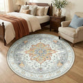 Area Rugs 5ft Washable Non-Slip, Floral Vintage Distress Print Pattern Medallion Carpet for Living Room Bedroom Dining Room, Light Yellow Carbon Grey Orange
