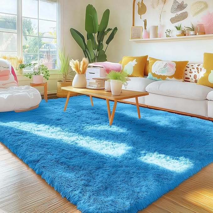 OLANLY Area Rugs for Living Room Bedroom, Machine Washable 4x5.9 ft Soft Fluffy Shaggy Bedside Rug, Indoor Floor Carpet for Kids Girls and Boys, Dorms, Nursery Rooms, Home Decor Aesthetic, Bright Blue