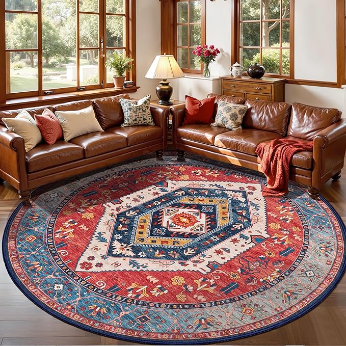 SERISSA Boho Round Area Rug, 6ft Washable Non-Slip Circle Rug, Ultra Soft Oriental Vintage Rust Low-Pile Circular Carpet for Bedroom Entryway Kids Room Office College Dorm Living Room