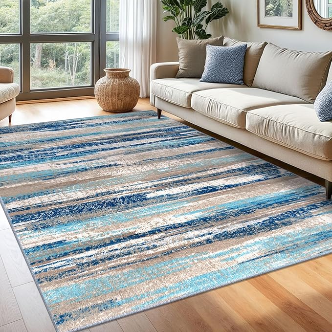 Lansny Modern Abstract 6x9 Machine Washable Living Room Rug Non-Slip Soft Bedroom Area Rug Blue Ultra Thin Print Faux Wool Floor Carpet Throw Rugs for Nursery Playroom Dining Room Indoor Office