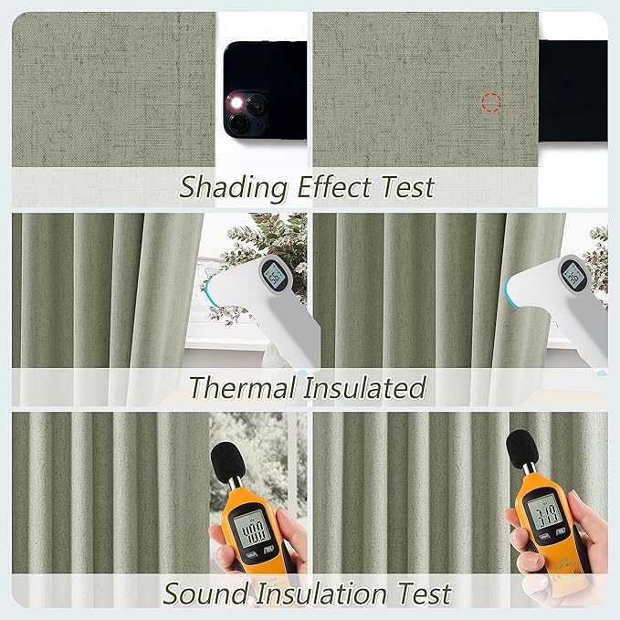 Sage Green 100% Blackout Linen Curtains 92 Inch Length 2 Panels Set for Living Room Bedroom Back Tab Thermal Insulated Black Out Drapes Room Darkening Farmhosue Window Curtains 92 Inches Long