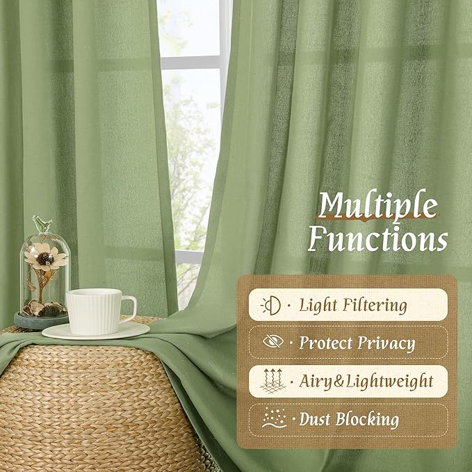 LAMIT Sage Green Linen Curtains 72 inches Long for Living Room, Soft Thick Semi Sheer Light Filtering Rod Pocket Privacy Window Treatments Drapes for Bedroom, 2 Panels Set, 52 x 72 Inch