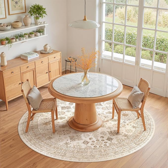 zesthome Washable Round Area Rugs - Non-Slip 6ft Round Rugs, Ultra-Thin Large Circle Rugs for Living Room, Soft Low Pile Rug for Bedroom, Kitchen, Nursery - Vintage Round Rug(Cream/Beige,6'x6')