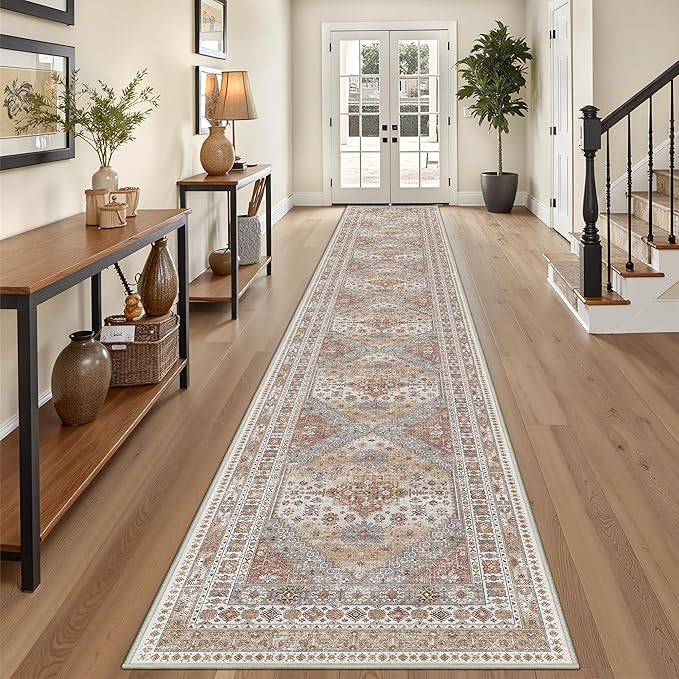 3x20 Long Runner Rug for Hallway, Non-Slip Long Kitchen Mats for Floor, Vintage Washable Rug for Entryway, Soft Hallway Runner for Dining Room, Bedroom, Living Room(Orange,3'x20')