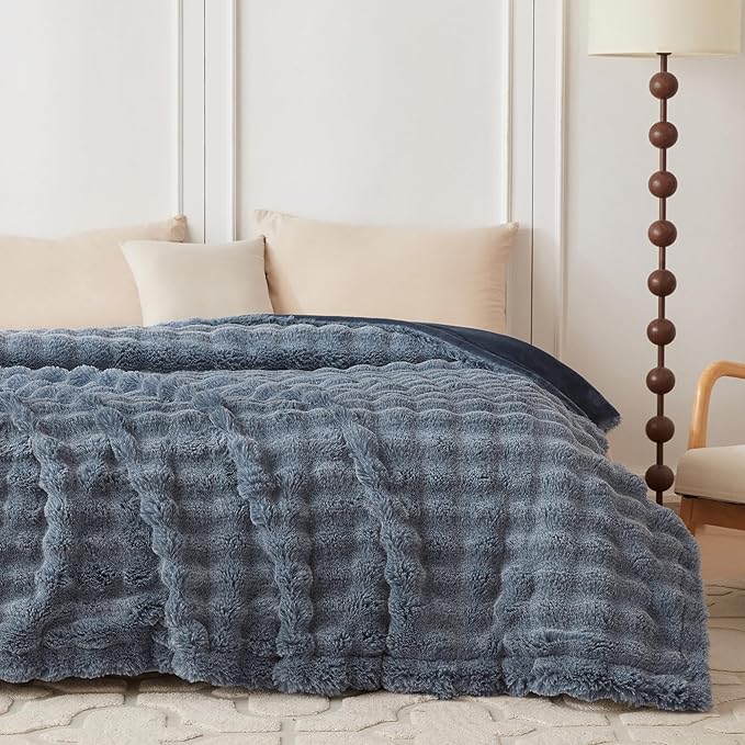 COOVA Faux Fur Throw Blanket for Couch, Cozy Soft and Fuzzy Plush Rabbit Fur Bubble Blanket for Sofa Bedroom Living Room, 50x60 Inches Cationic Dark Blue