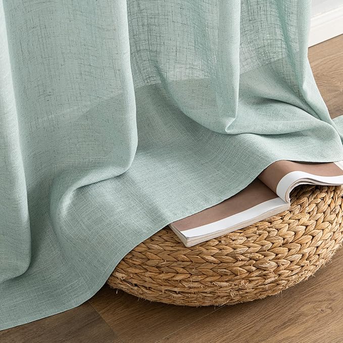 MIULEE Sea Green Linen Curtains 90 Inch Long for Bedroom Living Room, Soft Thick Linen Textured Window Drapes Semi Sheer Light Filtering Back Tab Rod Pocket Burlap Look Aqua Decor, 2 Panels