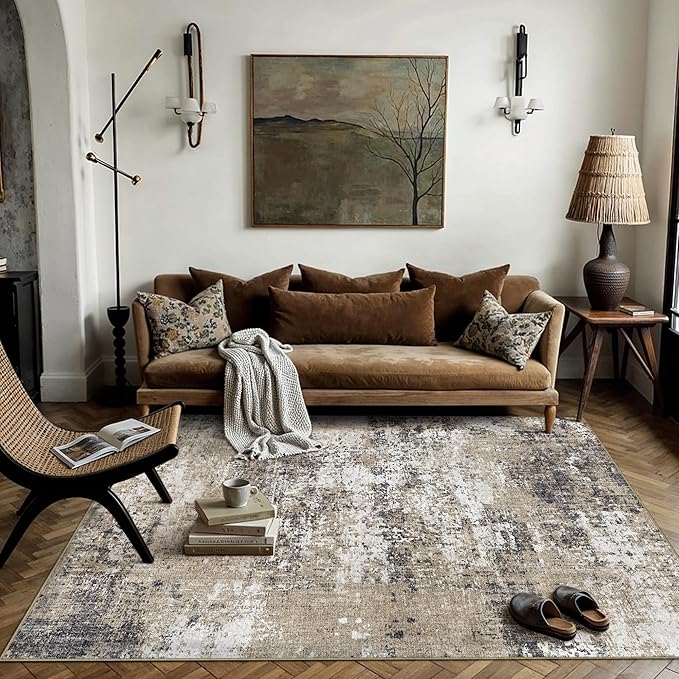 PureCozy 5x7 Abstract Area Rug Brown Washable Non Slip Living Room Carpet Modern Neutral Low Pile Ultra Soft Bedroom Throw Rug Contemporary Indoor for Kitchen Office Laundry Dining Room Bathroom
