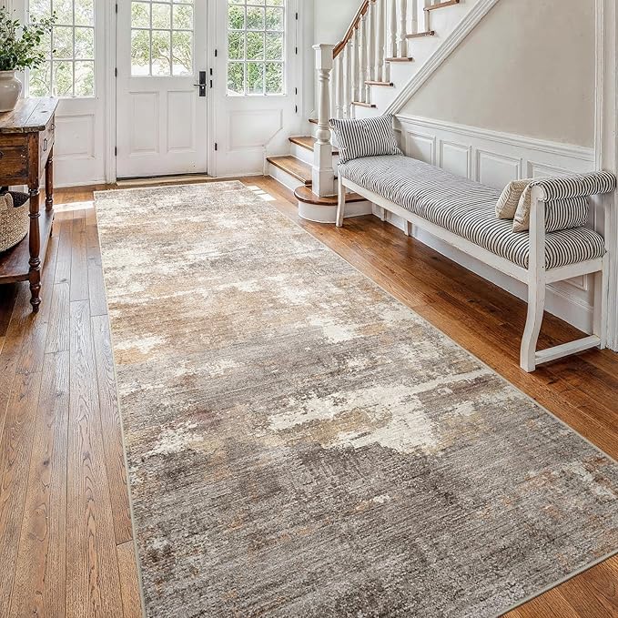 4x12 Washable Kitchen Runner Rug: Modern Abstract Wide Runners for Hallway Soft Non Slip Rugs with Rubber Backing Low Pile Thin Carpet for Entryway Bedroom Bathroom Laundry Indoor(Brown/Brick,4x12)