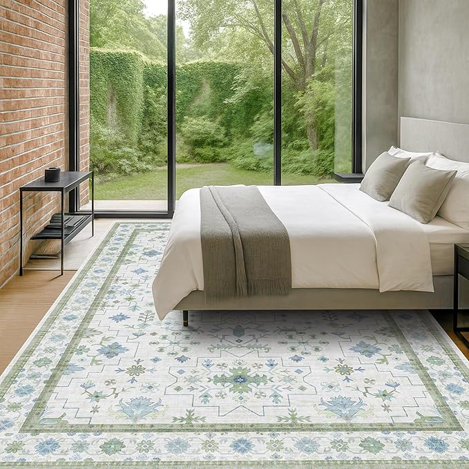 Oriental 10x14 Rug Living Room - Washable Oushak Boho Extra Large for Bedroom Non Slip Soft Faux Wool Carpet for Dining Room Playroom - Cream Blue and Green Floral Rug