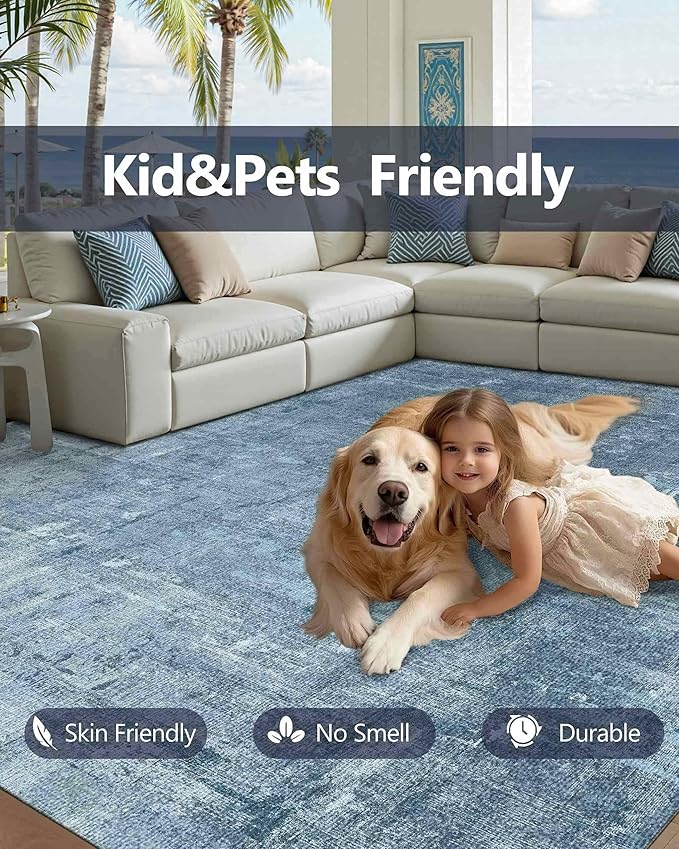 Latte&Fog 2x3 Entryway Rug, Small Modern Abstract Door Mat, Blue Washable Kitchen Rug, Boho Non Slip Low Pile Carpet for Indoor Kitchen, Entry, Front Door and Bathroom