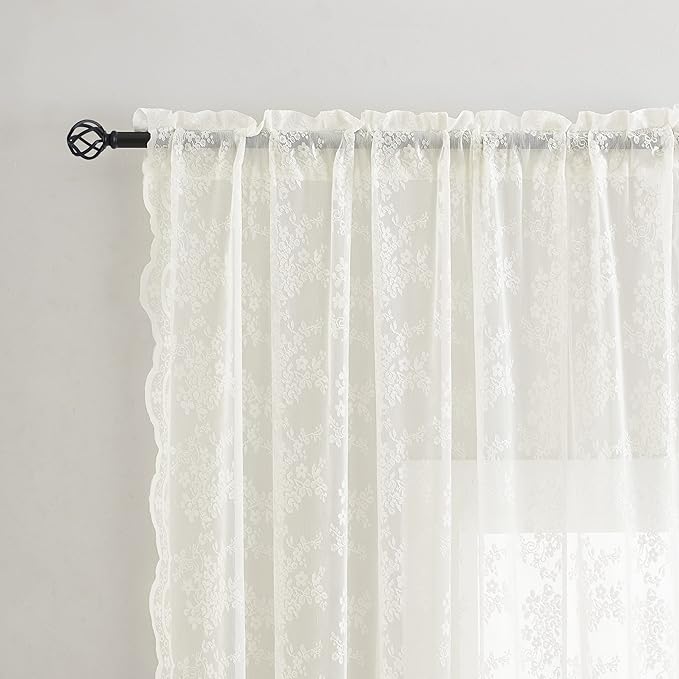 YJ YANJUN Vintage Lace Curtains 63 Inches Length- Elegant Victorian Floral Ivory Sheer Curtain Panels for Living Room Bedroom Kitchen, Scalloped Edges Rod Pocket, 2 Panels 52W x 63L Cream