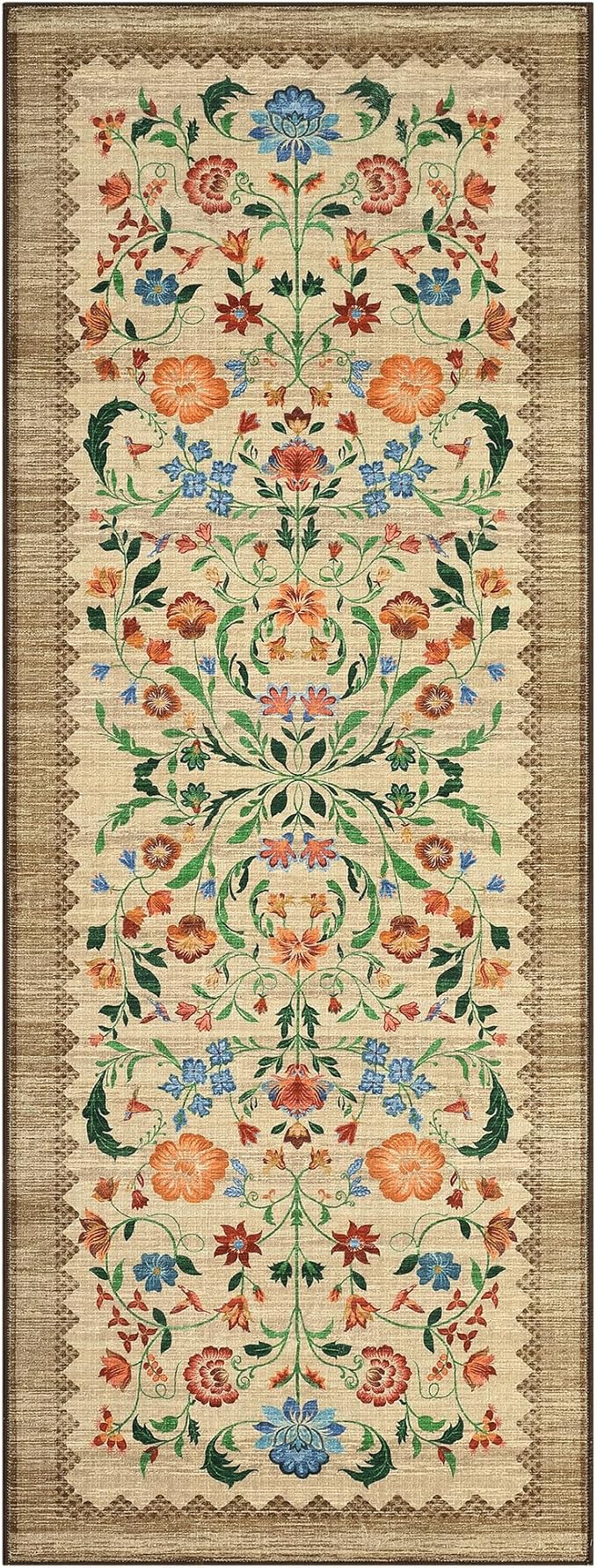 GarveeHome Floral Rug 2.5x10 Runners for Hallways, Boho Kitchen Runner Rugs Non Slip Bath Runners, Vintage Washable Runner Rug for Bedroom, Soft Long Rugs for Entryway Bathroom Laundry Dorm, Beige
