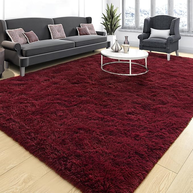 Tepook Fluffy Large Rugs for Living Room, Area Rug 6x9 Soft Carpet for Bedroom, Modern Shaggy Rug for Kids Boys Girls, Plush Indoor Nursery Home Decor Rug with Non-Slip Bottom, Burgundy Red