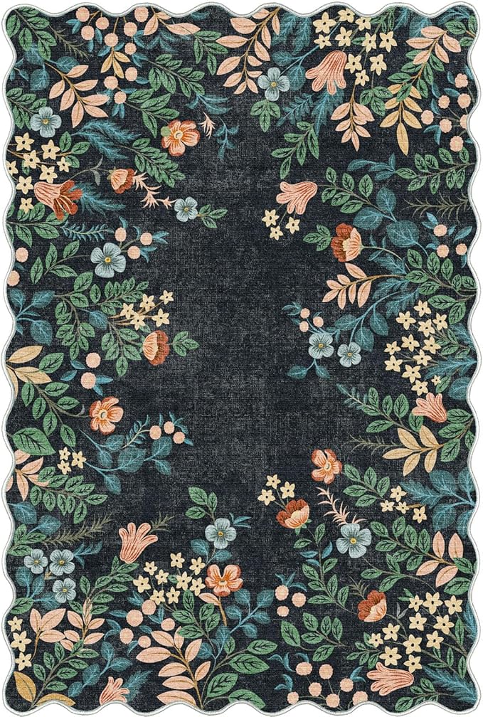 Front Door Mat Outside Entrance - 2x3 Black Floral Non-Slip Washable Doormat Indoor Outdoor Mat Boho Vintage Entry Rug Small Throw Rugs for Entryway Kitchen Front Porch Decor