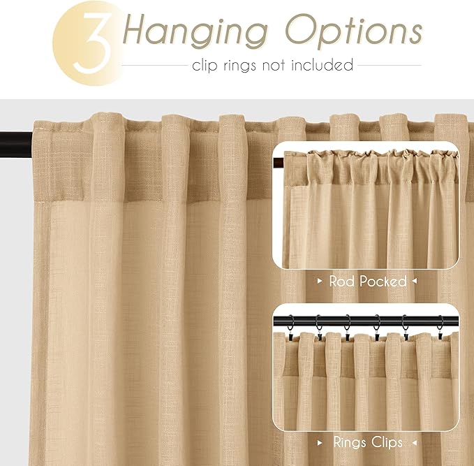 Tan Linen Curtains 120 inches Long for Living Room Back Tab Rustic Farmhouse Semi Sheer Light Filtering Window Curtain Dining Room Soft Thick Flax Linen Textured Drapes Kahki 52x120