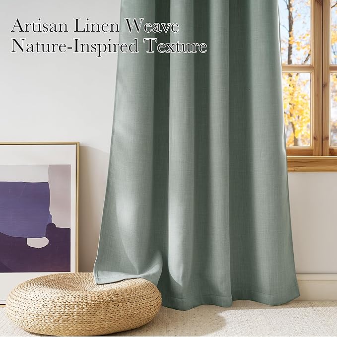 NICETOWN Sage Green Faux Linen Room Darkening Rod Pocket Curtains 63 inch Length, W42 x L63, Light Blocking Thermal Insulated Noise Reducing Drapes for Bedroom Living Room Farmhouse Decor, 2 Panels