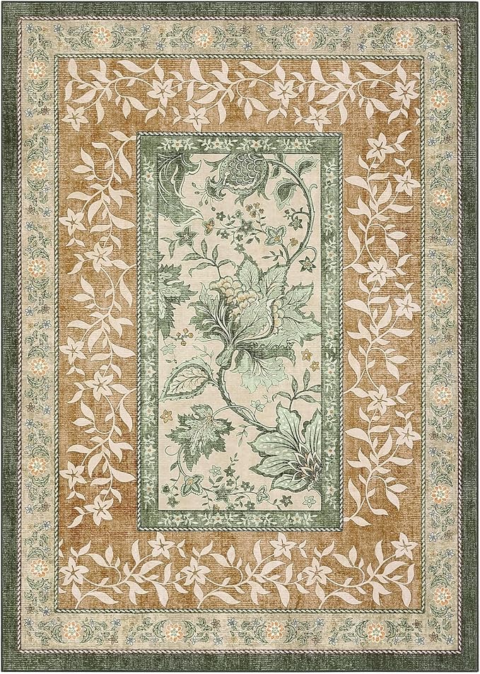 GarveeHome Terracotta Olive Sage Green 2x6 Washable Kitchen Runner Rugs Non Slip Provence Botanical Grove Vintage Boho Cottage Long Rug for Hallways Bedroom TPE Rubber Backing