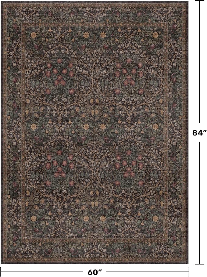Dark Brown Washable 5x7 Area Rugs for Living Room, Non-Slip Soft Rugs for Bedroom, Dining Room, Home Office, Deep Olive Accent Floral Vintage Cottage Indoor Carpet Décor, Low Pile Stain Resistant