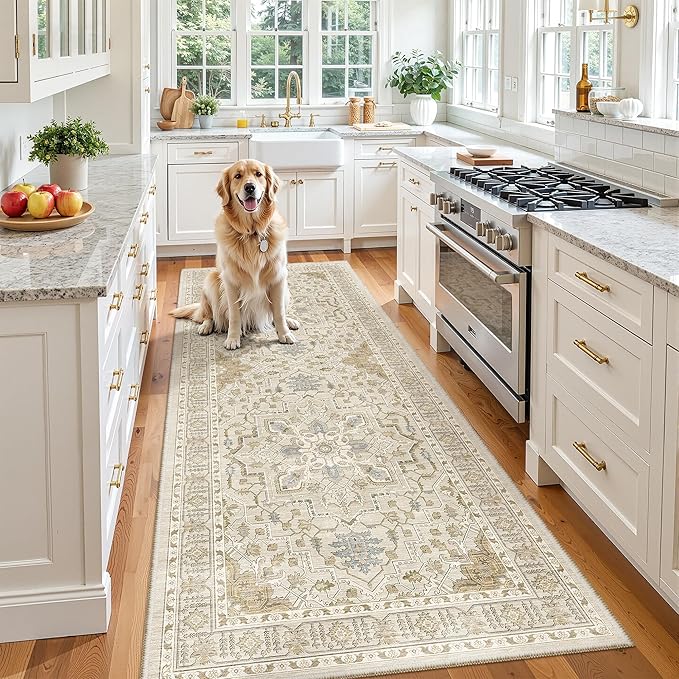 Madane Hallway Runner 3x8, Kitchen Rugs Washable Entryway Rug 8ft Vintage Kitchen Runners Non Slip Indoor Area Rug Farmhouse Carpet Runner for Bathroom Living Room Bedroom (3 X 8, Beige/Blue)