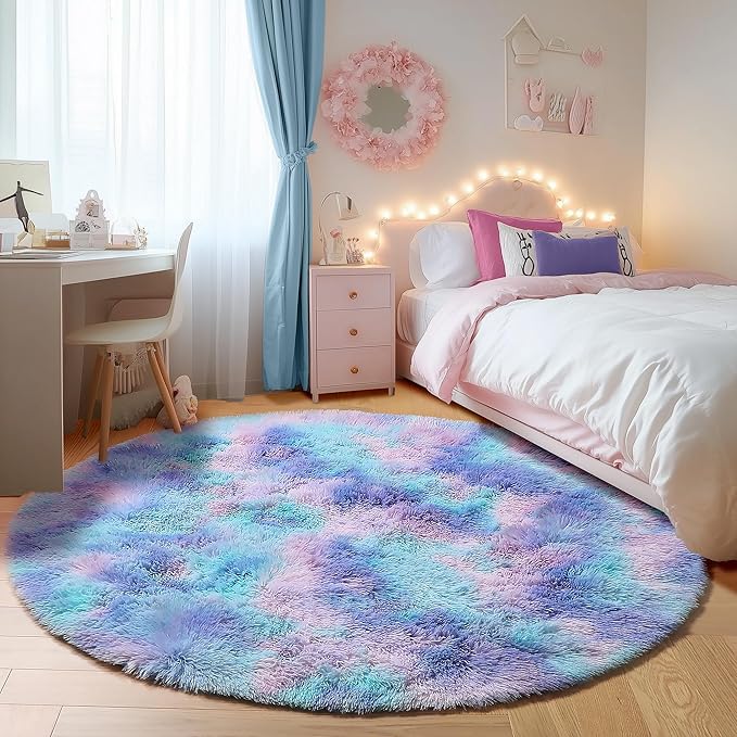 ONASAR Rainbow Round Area Rugs 5ft, Soft Bedroom Circle Rug Mats for Kids Girls Teen Room, Mermaid Fluffy Plush Shaggy Carpet for Baby Nursery Living Room Playroom Home Decor Princess Castle