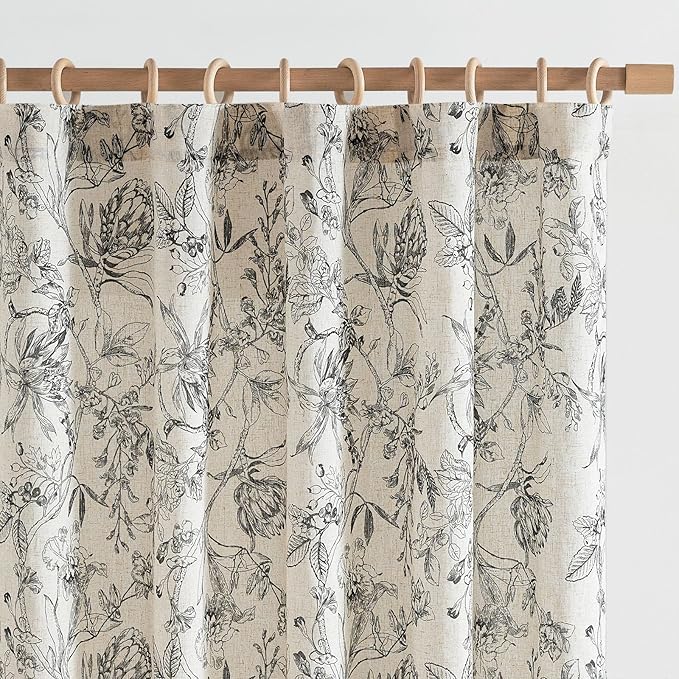jinchan Floral Curtains 108 Inch Length Black Flower Linen Farmhouse Curtain for Living Room French Country Vintage Curtain Rod Pocket Curtains Set 2 Panels Balck Floral Printed