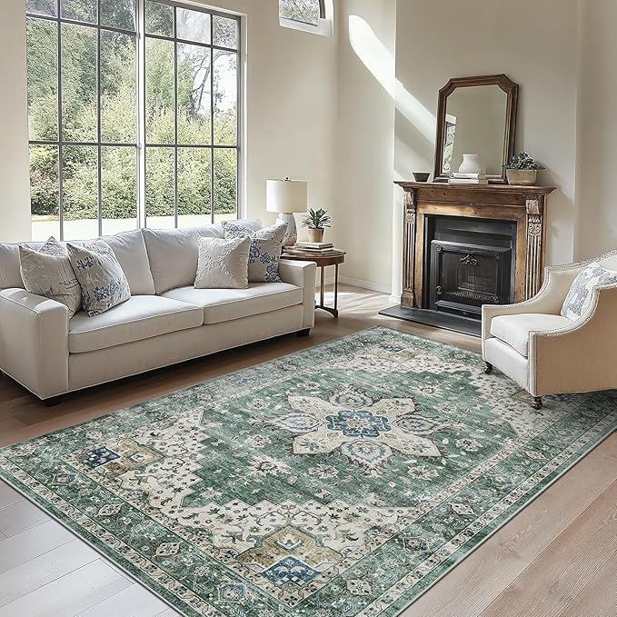 AMADA HOMEFURNISHING 5x7 Area Rugs, Washable Living Room Rug Low-Profile with Non-Slip Backing & Durable Edge Binding, Vintage 5x7 Rugs for Living Room, Bedroom, Dining Room