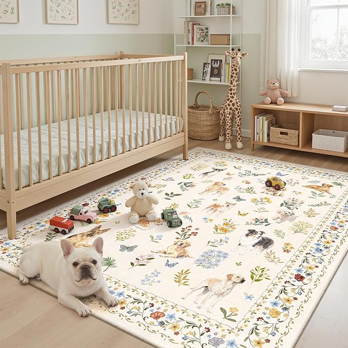 Dog 5x7 Area Rugs for Living Room, Machine Washable Animal Floral Vintage Rug Non-Slip Low Pile Soft Throw Rugs for Kitchen Dining Room Bedroom Nursery Playroom (5 x 7,Beige)