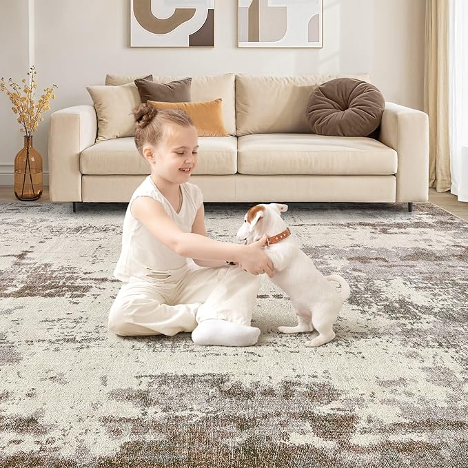 UERMEI 10x14 Area Rug Living Room Rugs - Washable Neutral Modern Abstract Soft Thin Rug Indoor Floor No Slip Rug Carpet for Bedroom Under Dining Table Home Office Decor - Brown/Grey/Beige
