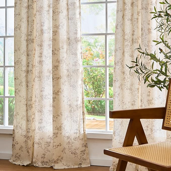 Lazzzy 90 Inch Curtain for Living Room Taupe Floral Drapes Linen for Bedroom Dining Room Farmhouse Vintage Light Filtering Curtains Rod Pocket Back Tab, 2 Panels Set, Taupe on Beige