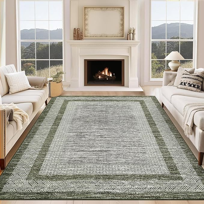 GarveeHome 8x10 Large Washable Area Rug Modern Bordered Rug Distressed Geometric Floor Carpet, Soft Non Slip Rug, Low Pile Non Shedding Rug, Indoor Green Rug for Bedroom, Living Room