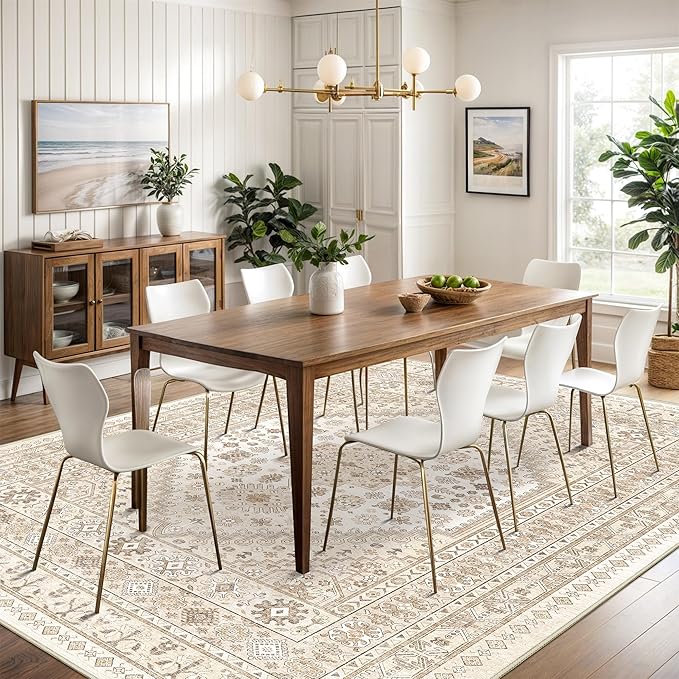 Washable Rugs 8x10 Area Rugs for Living Room, Non-Slip Backing Large Rug for Nursery Room, Vintage Floral Bedroom Rugs, Thin Indoor Home Decor Soft Farmhouse Rug (Cream/Beige,8'x10')